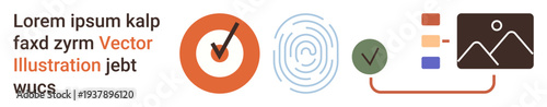 Data security, authentication, biometrics, identity verification, digital management, forensic science. Fingerprint, checkmarks and data flow symbols. Data security and authentication focus