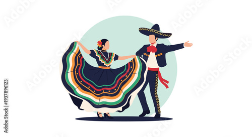 Traditional mexican folk dancers performing in colorful costumes including a wide embroidered dress and a mariachi outfit with a large sombrero.