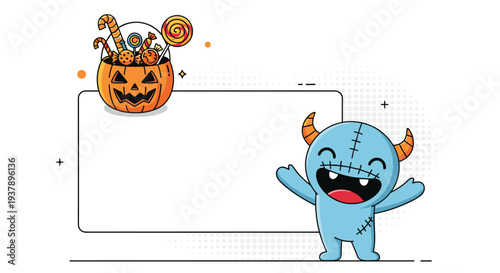 Cute blue halloween monster smiling next to a white blank frame and a pumpkin bucket filled with various colorful candies and lollipops.