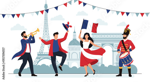 French national day celebration with people dancing and playing music in front of the eiffel tower and arc de triomphe with french flags.