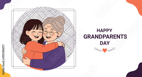 Heartwarming illustration for happy grandparents day showing a young granddaughter hugging her grandmother with a bright smile of affection.