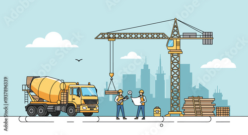 Busy construction site with a yellow concrete mixer truck, a large crane, and two workers in hard hats reviewing architectural blueprints.
