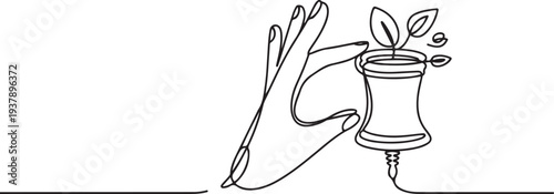 Illustration of a hand holding a menstrual Cup. Eco friendly option for replacing pads and tampons. An environmentally friendly alternative. Feminine hygiene.one line vector Editable stroke