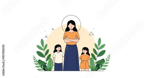 Proud mother standing with her arms crossed while her two young daughters stand beside her in a peaceful outdoor setting with green plants.