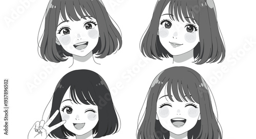 Set of four black and white anime style illustrations showing a young girl with different facial expressions including smiling and winking.
