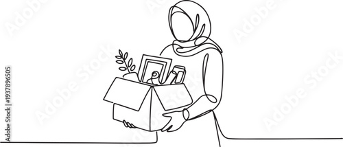 Illustration of stress muslim woman stand holding box full of belonging after being fired. Single continuous line art style Editable stroke