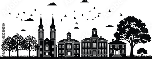 Vector Silhouette of a Small Town Skyline Featuring a Church with Twin Spires, Municipal Buildings, Trees, Grass, and Birds Flying in the Sky.