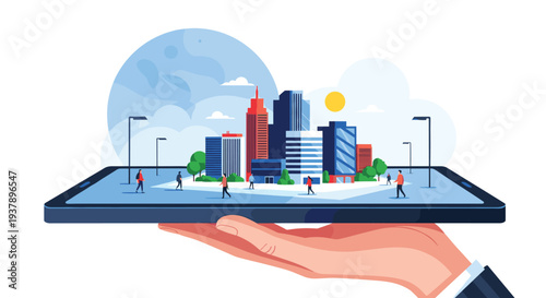 Human hand holding a smartphone displaying a detailed 3d digital city model with buildings, trees, and people representing smart city technology.