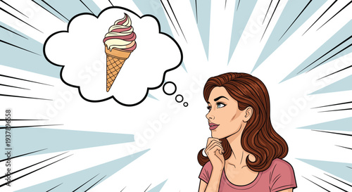 Pop art style woman with red hair and blue eyes looking thoughtful with a dream bubble showing a delicious strawberry and vanilla ice cream cone.