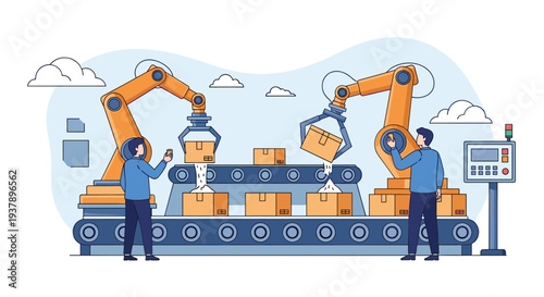 Modern automated factory with robotic arms working on a conveyor belt while human workers monitor the assembly line and control panels.