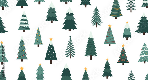 Seamless pattern of various types of christmas trees including stylized evergreens with snow, ornaments, and stars on a clean white background.