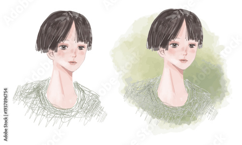 ショートカットの女性(体部分が透過したラフな描線のポートレート)