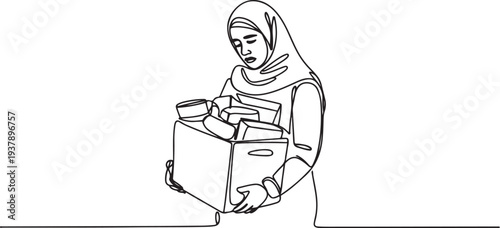 Illustration of stress muslim woman stand holding box full of belonging after being fired. Single continuous line art style Editable stroke