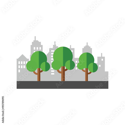 Earth Day vector cityscape with green trees and urban skyline for eco-friendly design