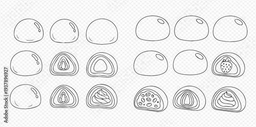 Hand-drawn outline illustration of various Japanese mochi desserts, including whole and cut versions with different fillings.