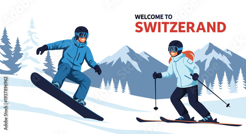 Excited snowboarder and skier gliding down a snowy mountain slope with a dense pine forest and the words welcome to switzerland in the sky.