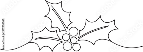 line art drawing holly berry leaves. Modern continuous line art, aesthetic contour. Christmas plant for greeting cards, poster, sticker, logo. Vector illustration.one line vector illustration 