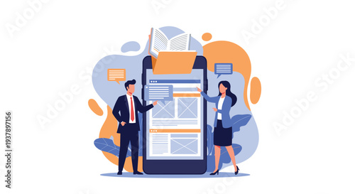 Professional business characters managing digital documents and data files on a large mobile smartphone interface screen.