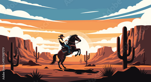 Brave cowboy riding a galloping horse through a vast western desert landscape featuring tall cacti during a scenic sunset.