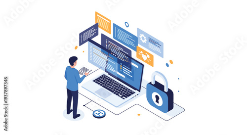 Isometric illustration of a developer working on a laptop with digital security lock and data coding elements around.