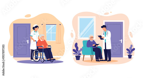 Compassionate healthcare professionals providing medical care and support to elderly patients in a nursing home facility.