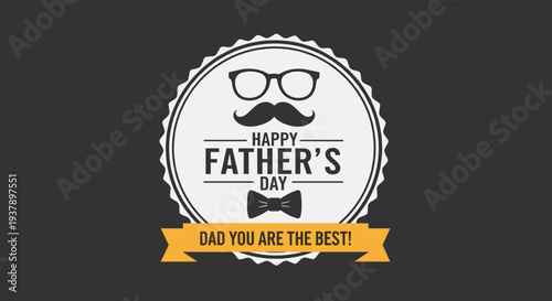 Elegant happy fathers day emblem featuring a mustache, glasses, and bowtie in a vintage circular frame design.