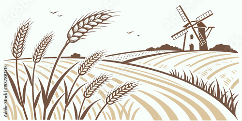 A serene landscape featuring a windmill amidst tall grass and a clear blue sky Vector