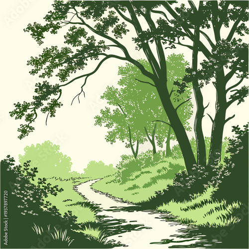 A serene pathway through a lush green landscape with trees Vector