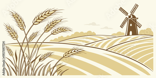 A lone windmill stands tall amidst a vast field of golden wheat under a clear blue sky. Vector