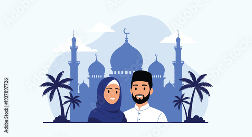 Happy muslim couple standing together in front of a beautiful blue mosque silhouette and palm trees background.