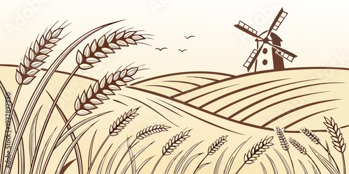 A serene countryside scene with two windmills standing tall on a hill. Vector