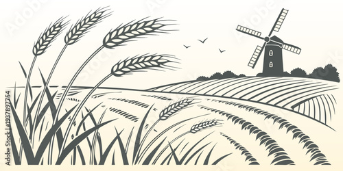 A picturesque windmill standing tall amidst a vast field of tall, swaying grass. Vector