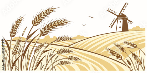 Windmill standing tall in a vast field of golden wheat under a clear blue sky Vector