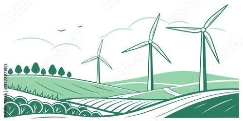 Wind turbines generating clean energy in a lush green field with trees. Vector