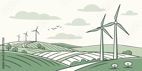 Wind turbines harnessing energy on a rolling green hillside landscape Vector
