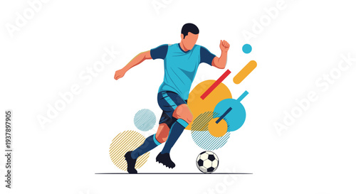 Soccer player in blue kit dribbles a ball against a creative background with abstract colorful geometric shapes and lines.