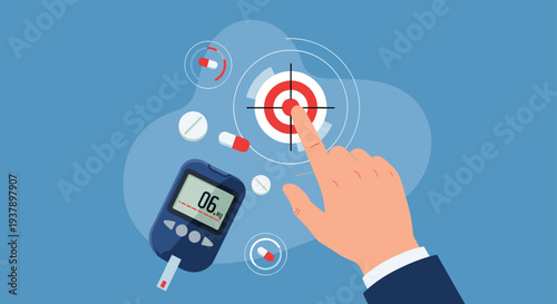 Hand pointing at a target symbol near a glucose meter and medicine representing effective diabetes management and treatment.