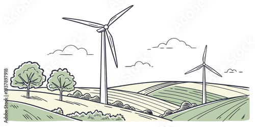 Wind turbines and solar panels in a vast green field under a blue sky. Vector