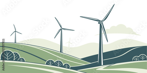 Wind turbines generating clean energy on a lush green hillside landscape Vector