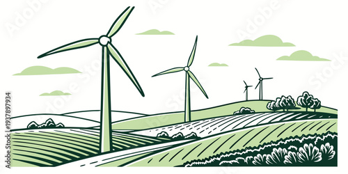 Wind turbines generating clean energy in a lush green landscape. Vector