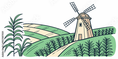 A picturesque windmill surrounded by lush green fields and a clear blue sky Vector