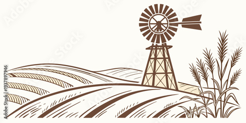 A rustic windmill stands tall in a vast, open field under a clear blue sky. Vector