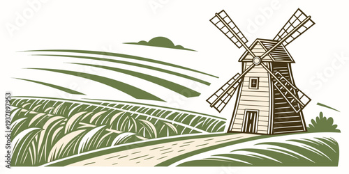 A picturesque windmill standing tall in a vast field of tall, green grass Vector