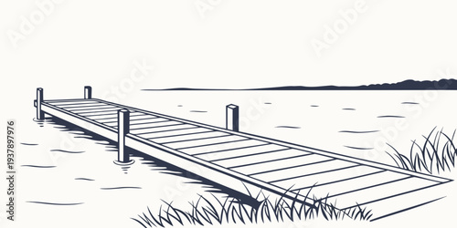 A serene wooden pier extending into a calm, reflective body of water, surrounded by nature. Vector