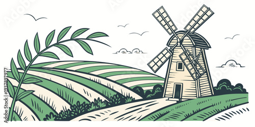 A picturesque windmill surrounded by a lush green field and trees. Vector