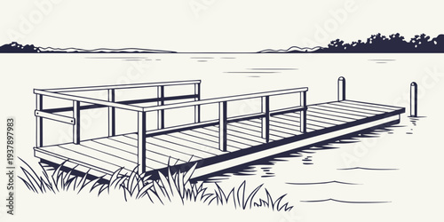A serene landscape with a wooden bridge over a calm river Vector