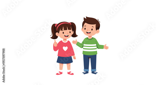 Happy young girl and boy smiling together with the girl giving a thumbs up sign representing childhood friendship and joy.