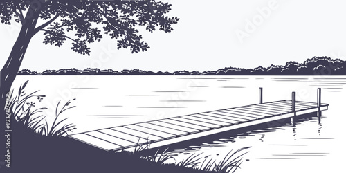A serene lakeside scene with a tree leaning over the calm water and a wooden dock Vector