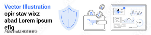 Financial security, online transactions, data analytics, cryptocurrency, fintech, blockchain. Shield, wallet with coins analytics screen. Financial security and online transactions concept