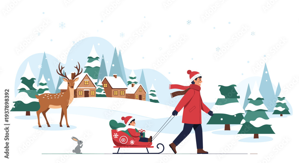 Fototapeta premium Peaceful winter village landscape with a man pulling a child on a sled past snow covered houses and forest animals.